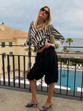 MQTIME  -  Fashion Minimal Zebra Print Leisure Blouse Classic V Neck Fluffy White Feather Cuffs Top Women Autumn City Casual Walk Blouse
