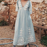 MQTIME  -  Blue Printed Pleats Women's Bohemian Dress Casual Loose Short Sleeved Summer Long Dress Sexy Hollow Backless Lace Up Beach Dress