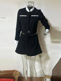 Mqtime Vintage Contrast Small Fragrance Woolen Skirt Suit Women Autumn Winter Button Tops Slim Fold Short Skirts Female Streetwear