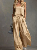 MQTIME  -  Spring and Summer Women's Solid Color Casual Cotton and Linen Suspender Top Wide Leg Pants Set