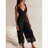 MQTIME  -  Womens 2Pieces Lace Patchwork Satin Outfits Set Y2k Going Out Sleeveless Tied Open Back Camis+ Long Pants Loungewear