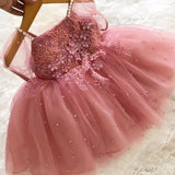 MQTIME Dusty Pink Flower Girl Dresses Tulle Appliques Pearl Skirt With Bow Short Sleeve For Wedding Birthday Party First Communion Gown