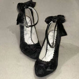 MQTIME  -  Japanese Vintage Elegant Lolita Mary Jane Shoes Wome Sweet Pointed Tip Bow Velvet Thin High Heels Chic Birthday Tea Party Pumps