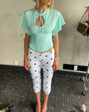 MQTIME  -  Solid Hollow Out Lace Up T-shirt Women Front Flutter Sleeve Fitted Waist Curved Hem Casual Tops Summer Daily Street Blouses