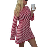 MQTIME  -  Women Bodycon Knitted Dress Striped Round Neck Long Sleeve Casual Fall Short Dress