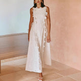 MQTIME  -  Summer New Fashion Lace Embroidery Women Strap Resort Slimming Long Dress Simple Solid Color Female Banquet Dresses
