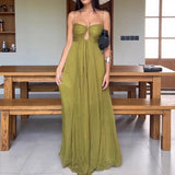 MQTIME  -  Elegant Women High Waist Boho Dress Summer Holidays Sleeveless Suspender Long Dress Sexy Low Cut Backless Pleated Evening Dress