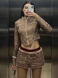  MQTIME  -  Wild Hottie Shorts Women Winter Trend Furry PU Patchwork Zip Simple Sexy  Punk Stretch Skinny Street Clubwear Bottom