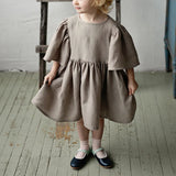  MQTIME  -  Summer Retro Linen Loose Flared Sleeve Dress Girls New Solid Color Cotton And Linen Casual Back Bow Tie Princess Dresses