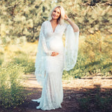  MQTIME  -  Flare Sleeve Lace Pregnancy Dresses Photoshoots Pregnant Session Photos V Neck Sexy Bodycon Floor Length White Maxi Long Dress