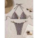 MQTIME  -  Women's Polka Dot Print Two Pieces Bathing Suits Sleeveless Halter Neck Padded Bra with Ruched Low Waist Thong Sets