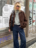MQTIME  -  Retro Lapel Collar For Women Brown Suede Full Sleeve Big Pocket Zip Short Coat 2025 New Lady Autumn Chic High Street Jackets