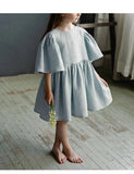  MQTIME  -  Summer Retro Linen Loose Flared Sleeve Dress Girls New Solid Color Cotton And Linen Casual Back Bow Tie Princess Dresses