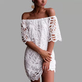MQTIME  -  New Lace Dress Slash Neck Embroidery Mini Dress Hollow Out A-line Party Dresses Femme Elegant Short Vestidos