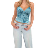 MQTIME  -  Women s Boho Style Embroidered Sleeveless V Neck Camisole with Open Back Detail and Floral Print Tank Top for Summer
