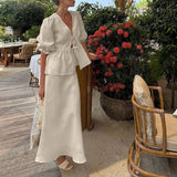 MQTIME  -  Elegant High Waist Holiday Outfit 2025 New Women's V Neck Lace Up Top + Long Skirt Suit Sweet Casual Puff Sleeves Two Piece Set