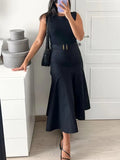 MQTIME  -  Summer New Fashion Belted Patchwork Dress Women O-Neck Sleeveless Long Dresses Female Elegant Solid Vacation Beach Vestidos
