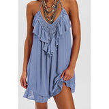 MQTIME  -  Women Lace-up Halter V-Neck Sleeveless Tied Open Back Solid Ruffle Trim Decor Summer Layered Flowy A-line Mini Dress