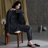 MQTIME  -  Women Spring Autumn and Winter Pure Cotton Long-sleeved Striped Lace Lapel High-end Light Luxury Loungewear Set Comfort