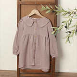 MQTIME  -  Retro Linen Doll Collar Girls Dress New Spring And Summer Chic Wooden Buttons Long-Sleeved  A-Line Dress Linen Kids Clothes