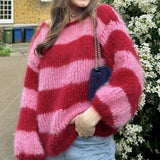 MQTIME  -  Women Autumn Winter Loose Fit Knitwear Jumpers Vintage Striped Fuzzy Knitted Sweater Casual Boat Neck Long Sleeve Pullover Tops