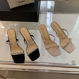 Mqtime Rhinestone Narrow Band Fashion Summer Outside Slides Thin High Heels Dress Shoes Woman Slip On Party Pumps Beige Black Elegant