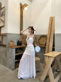  MQTIME  -  Bowknot-tied Lace Camisole with Net Yarn Patchwork and a Body-hugging Half Long Skirt