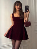 MQTIME  -  Elegant Velvet Sling Mini Dress Women Square Neck Sleeveless Backless A Line Vestidos Female Chic Party Evening Dresses