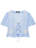 MQTIME  -  Women's Light Blue Embroidered Tie Front Blouse Elegant V Neck Puff Sleeve Ruffle Hem Top Ladies Daily Streetwear Shirt