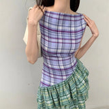MQTIME  -  Tank Top Plaid Dress for Women, Romantic and Retro Design, Unique and Unique for the Minority to Wear, Summer Contrast Co Co