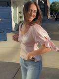 MQTIME  -  Women's Elegant Satin Blouse Top with Lace Trim Puff Sleeve Square Neck Tie Cuff Sweetheart Neckline Casual Office Lady Clubwear