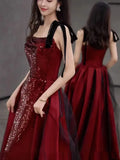 MQTIME  -  Wine Red Temperament Sling Wedding Party Dresses Slim Waist Sequin Patchwork Prom Vestidos Elegant Lace-up Long Eveni
