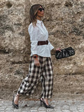 MQTIME  -  Women Casual Cotton Loose Plaid Trousers Fashion Thin Linen Wide Leg Straight High Waist Pants Daily Commute Street Pant