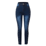MQTIME  -  Fashion Jeans Pants Woman High Waist Slim Skinny Elastic Denim Trousers Femme Vintage Leisure Blue Beading Women Pencil Jeans