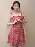 MQTIME  - Y2k Red Spaghetti Strap Summer Dress Plaid A-line Strapless Mini Dresses for Women Korean Fashion Slim Cutecore Clothes