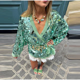 MQTIME  -  ﻿ Luxury Sequin Oversized Wrap Jacket Fringe Trim Tie-Waist V-Neck Sparkly Coat Women's Casual Party Club Streetwear Outfits