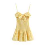 MQTIME  -  Woman's Beach Style Sexy A-Line Dresses Yellow Plaid Sleeveless Bow Decorate Backless Summer Mini Dress Woman Trendy