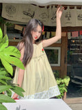 MQTIME  -  Korean Style Sweet Female College Students Dress Fashion Floral Patchwork Yellow Plaid Sundress Sleeveless Women's Tank Dresses