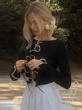 MQTIME  -  Elegant Slim Ruffle Lace Up Blouse Women Vintage Patchwork Hollow Out Short Cardigan Female Autumn Fashion Street Knitwear