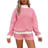  MQTIME  -  Women s Cozy Striped Lounge Set with Relaxed Fit Crew Neck Top and Matching Shorts - 2 Piece Casual Outfit for Stylish Comfort
