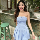 MQTIME  - New Summer Strapless Dress Spicy Girl Contrast Color Bow Light Blue Cake Dress Y2k Ruched Pleated Slim Mini Dresses for Women