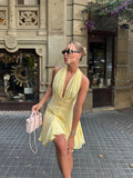 MQTIME  -  ﻿ Yellow Lace Women Short Dress Sexy V Neck Halter Sleeveless Backless Party Gown Summer Chic Beach Holiday Lady Vestidos