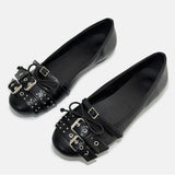 MQTIME  -  Size 42 Punk Buckle Straps Mary Jane Flats Shoes Women Slip On Comfortable 2000's Round Toe Eyelet Bow Y2K Casual Ballet Shoes