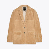  MQTIME  -  Retro Suede Female Jacket Chic Single Breasted Long Sleeve Lapel Loose Blazer Coat Women Eraly Autumn Street Lady Outerwear