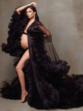 MQTIME  -  Black See Thru Long Tulle Maternity Dress With Ruffles Trimmed Details  Long Pregnant Women Dresses To Photoshoots Maxi Dress