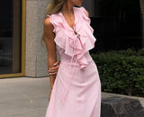  MQTIME  -  Summer New Style Pink Ruffled Lace Up Slim Fit Sleeveless Long Dress