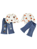 MQTIME  -  Girls Autumn Fashion Floral Print Hoodie and Distressed Denim Flare Pants Set for Toddlers