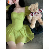 MQTIME  -  Slimming Bubble Hem Square Ne Chiffon ort Dr Women's Sexy Summer Sle Princ Waist Cinched Skirt