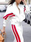 MQTIME  -  Female Fashion Casual Contrast Color Striped Printed Straight Leg Pants & Long Sleeves Zipper Stand Collar Jackets