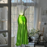 MQTIME  -  Neon Green Halter Satin Women's Mermaid Prom Dresses Beaded Deep V Neck Sleeveless Long Formal Evening Gown